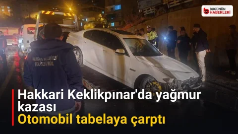 Hakkari Keklikpınar’da yağmur kazası: Otomobil tabelaya çarptı